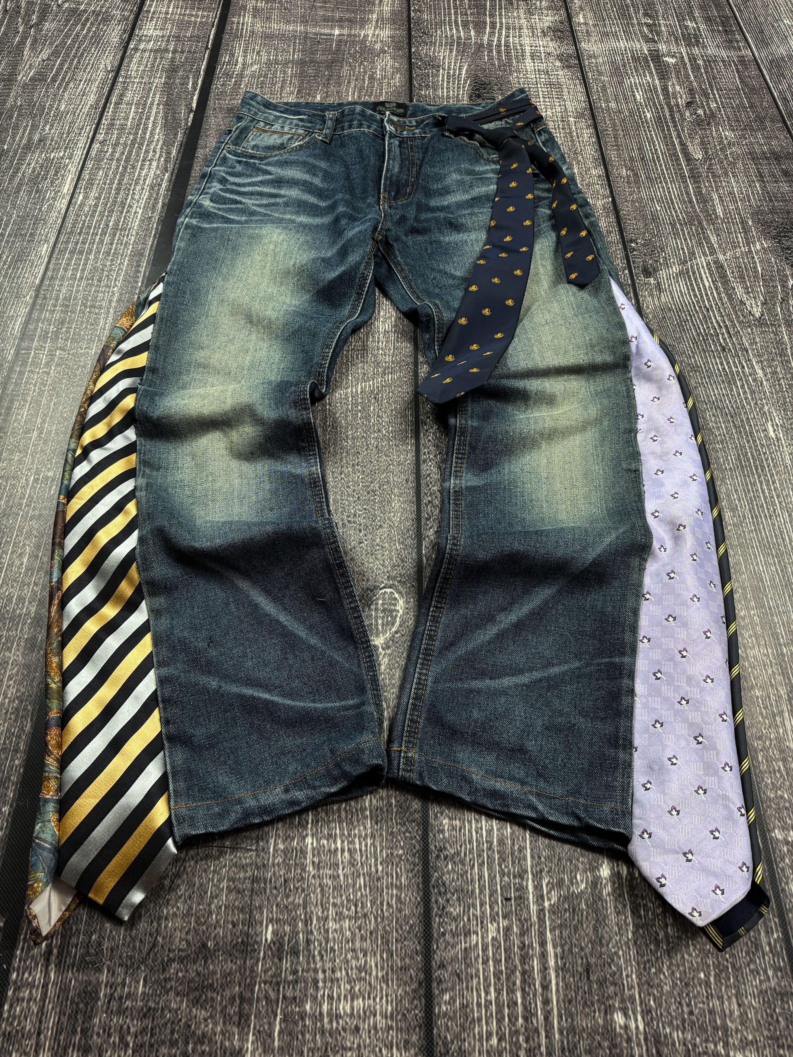 Vintage Custom Tie Panel Flared Jeans Dark Wash Reworked Avant Garde Size US 32 / EU 48 - 2 Thumbnail