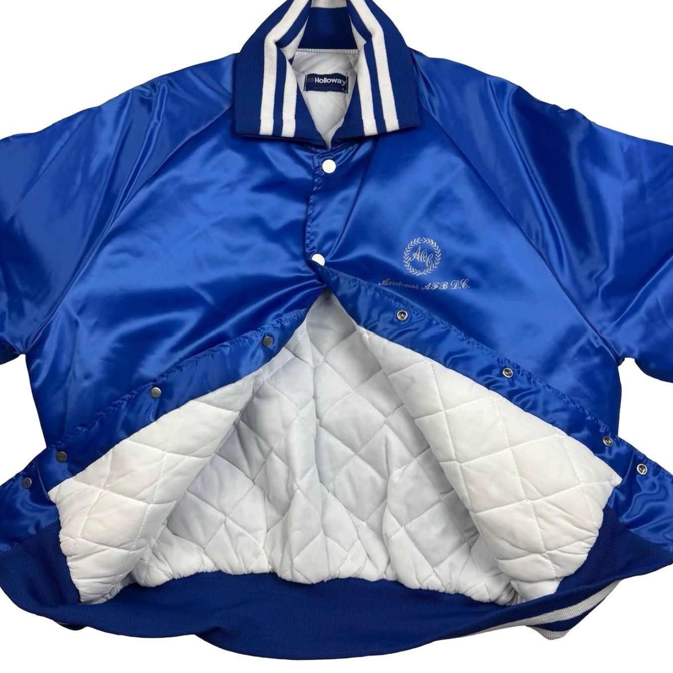 Holloway VINTAGE Air Force Base Holloway Satin Bomber Jacket Blue Large Navy Embroidered Logo, Staff, Quilted Lining, Air Force One, Nylon, Solid, Men Size US L / EU 52-54 / 3 - 4 Thumbnail