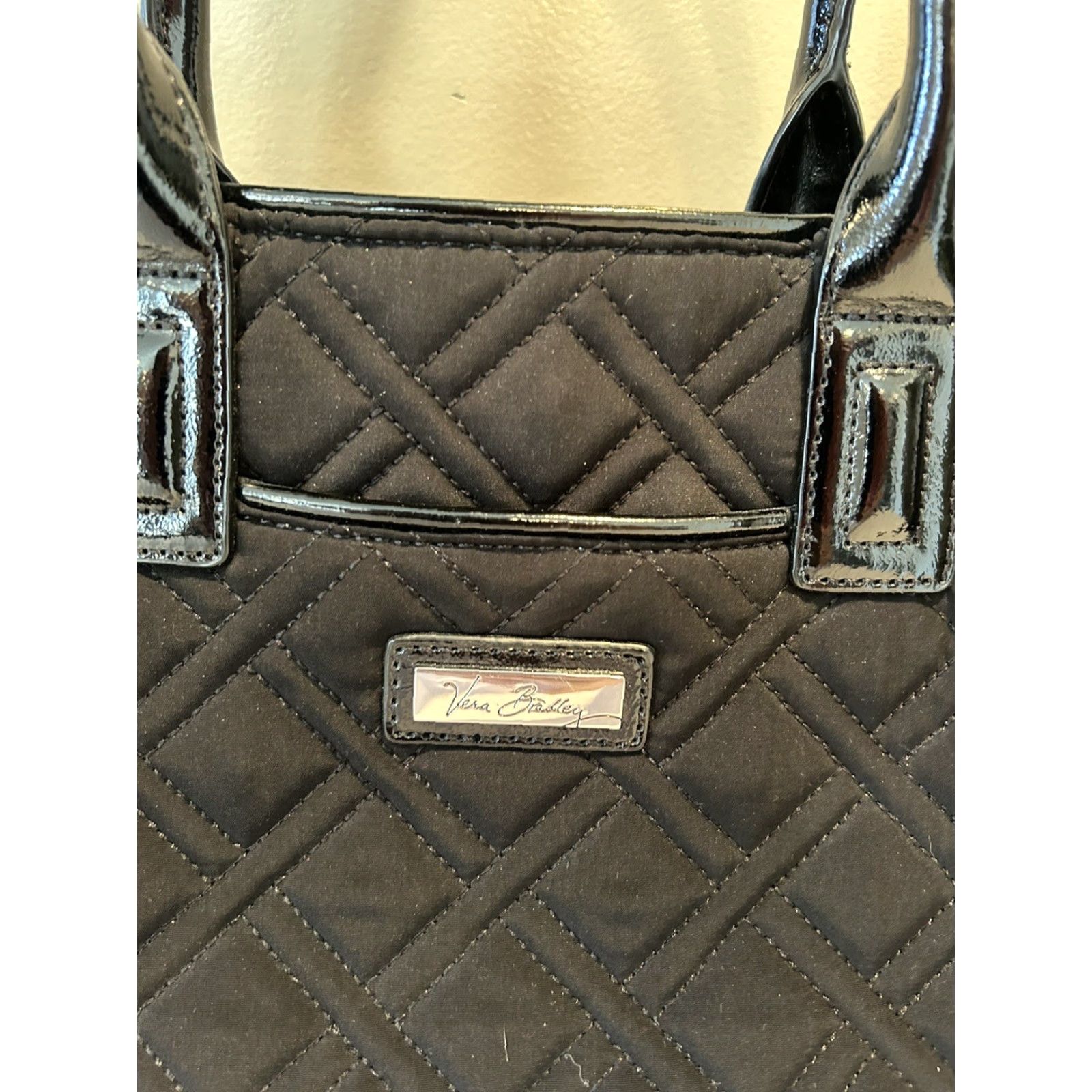 Vintage Vera Bradley Trapeze Shoulder Bag Dark Black Faux Leather Trim Medium Women Crossbody Zip Mens? Size ONE SIZE - 2 Thumbnail