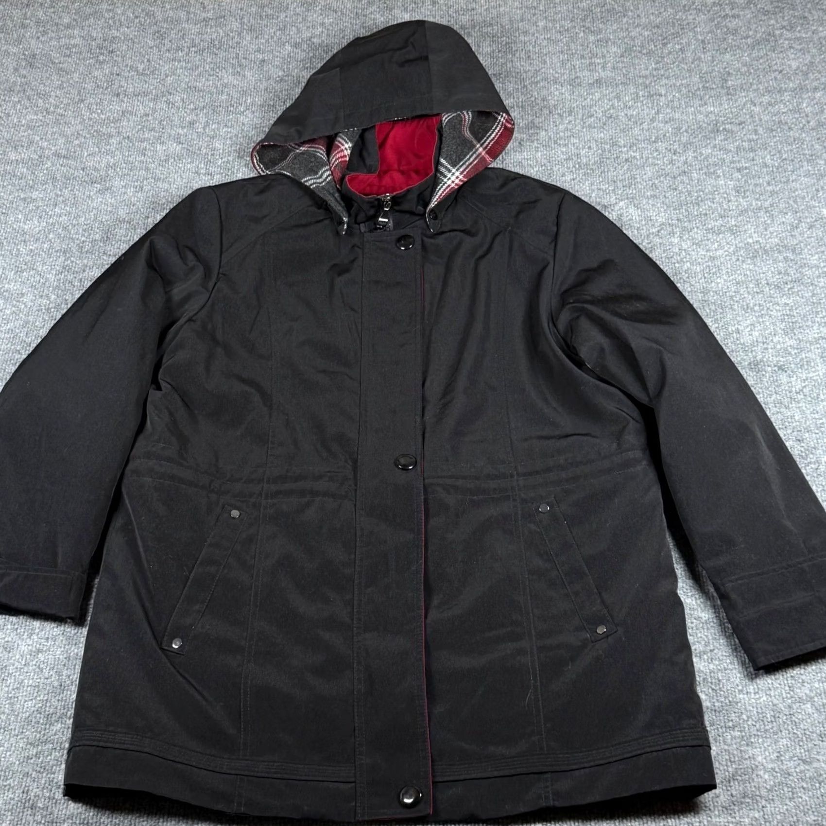 Vintage VINTAGE Braetan Black Plaid Lined Mid-Length Jacket Coat with Removable Hood Full Zip Wool Blend Liner Women's M Parka Outerwear Size M / US 6-8 / IT 42-44 - 3 Thumbnail