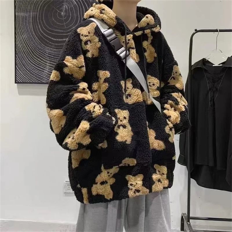 image of Designer Bear Print Full Zip Hoodie in Black, Men's (Size Large)