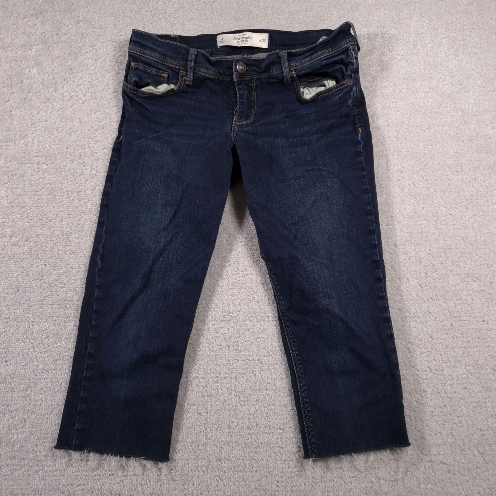 Abercrombie & Fitch Abercrombie & Fitch Jeans Womens 4 W27 Blue Dark Wash Straight Leg Raw Hem Denim Cropped Stretch Pockets Logo Size 27" / US 4 / IT 40 - 2 Thumbnail