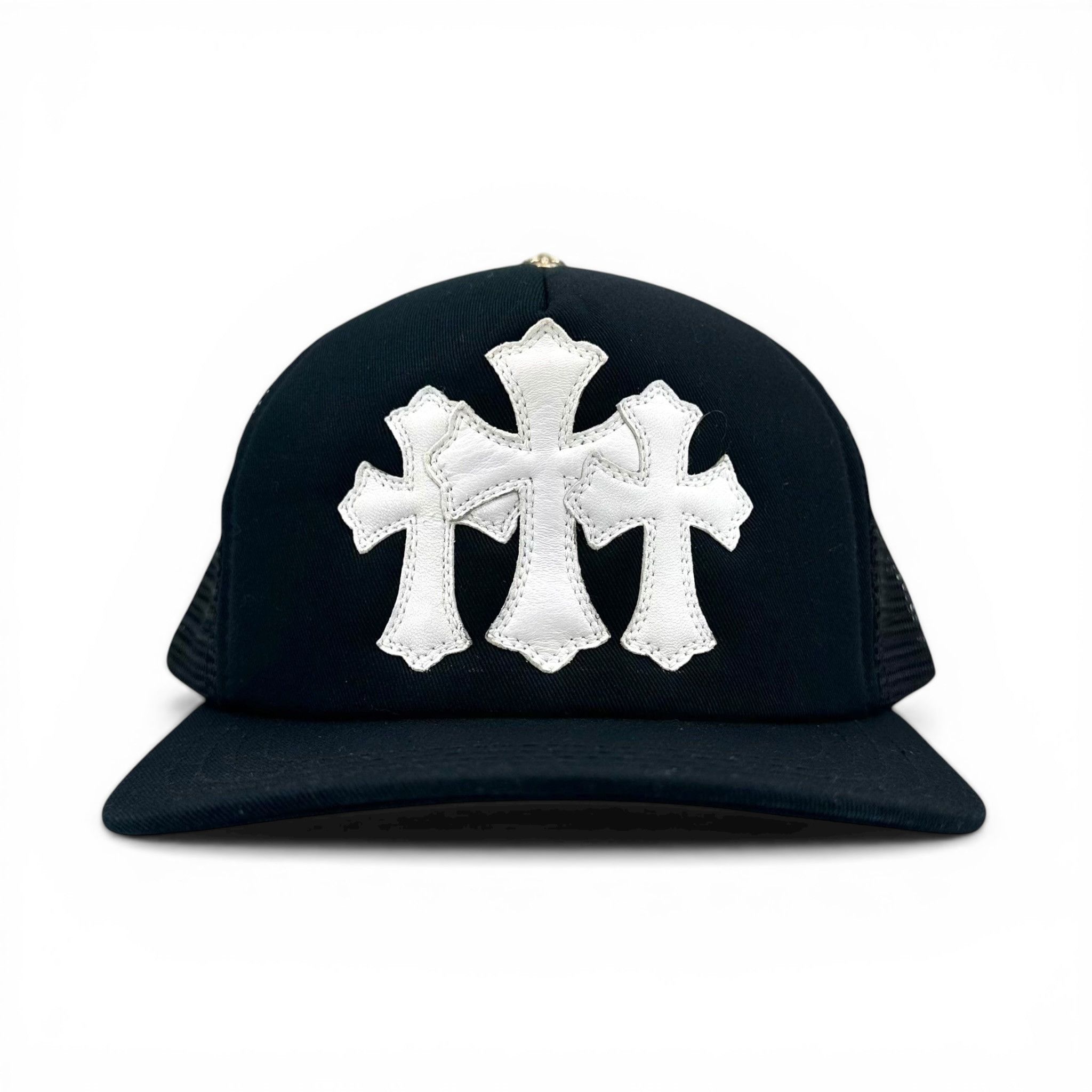 Chrome Hearts Cemetery Triple Cross Mesh Trucker Hat Black Leather