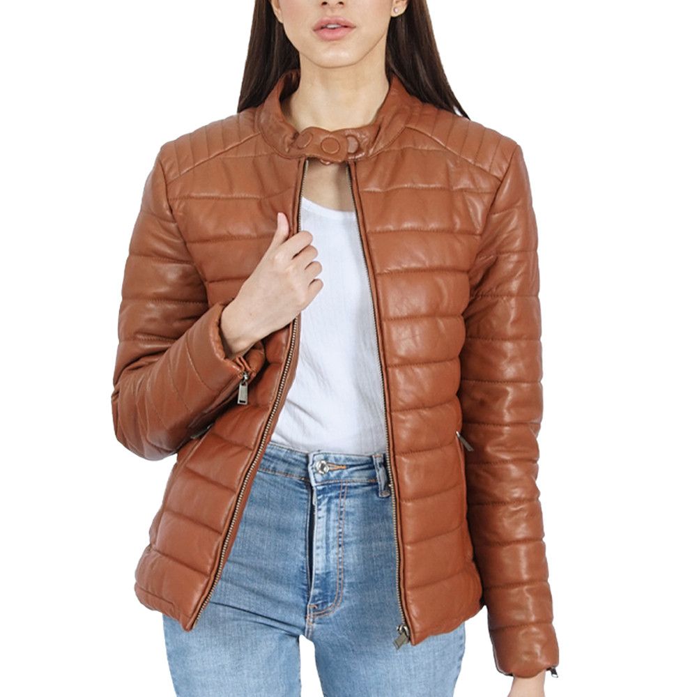 image of Genuine Leather Penni Puffer Brown Leather Jacket, Women's (Size Medium)