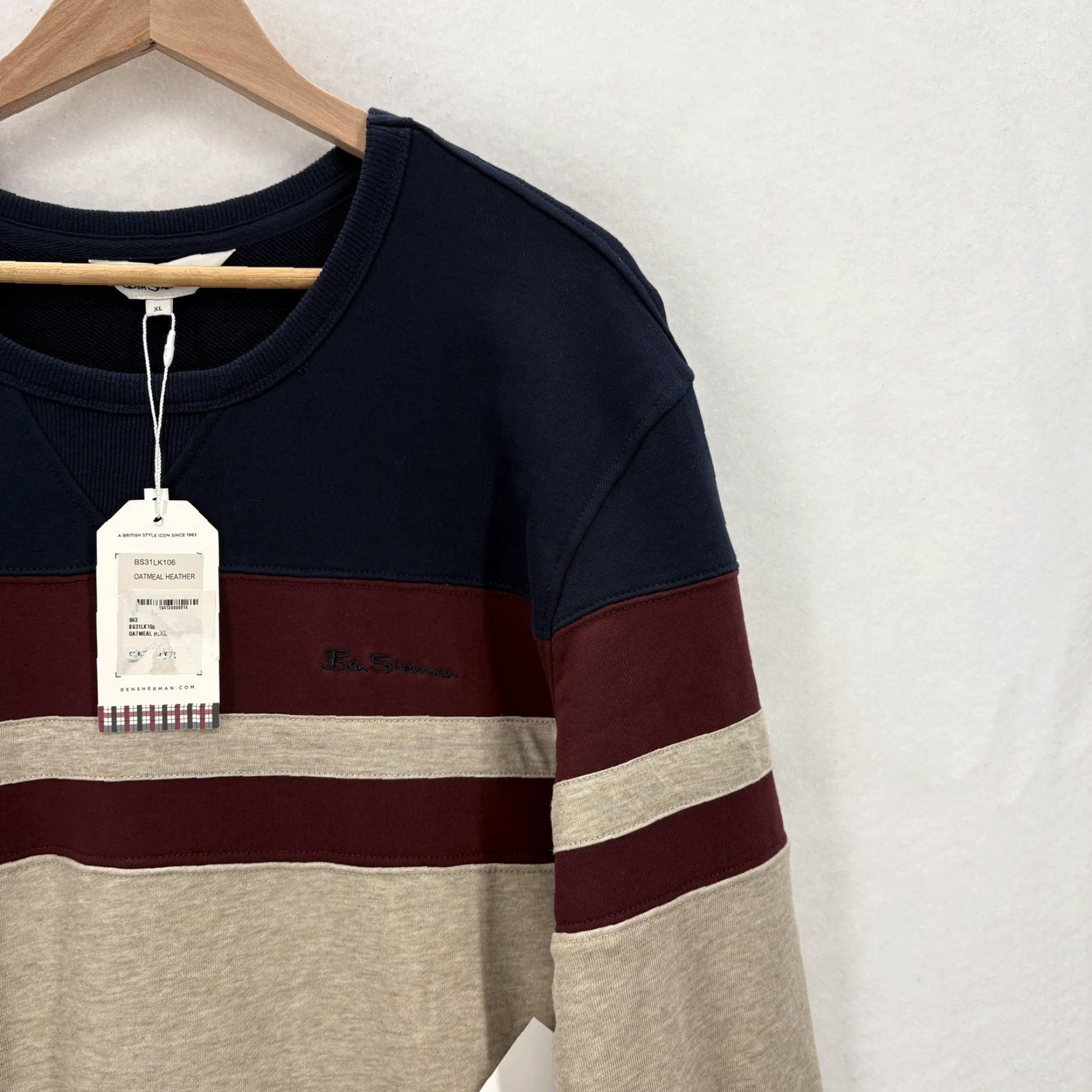 Ben Sherman Ben Sherman Sweatshirt Mens XL Oatmeal Heather Colorblock Stripe Crewneck Fleece Size US XL / EU 56 / 4 - 2 Thumbnail