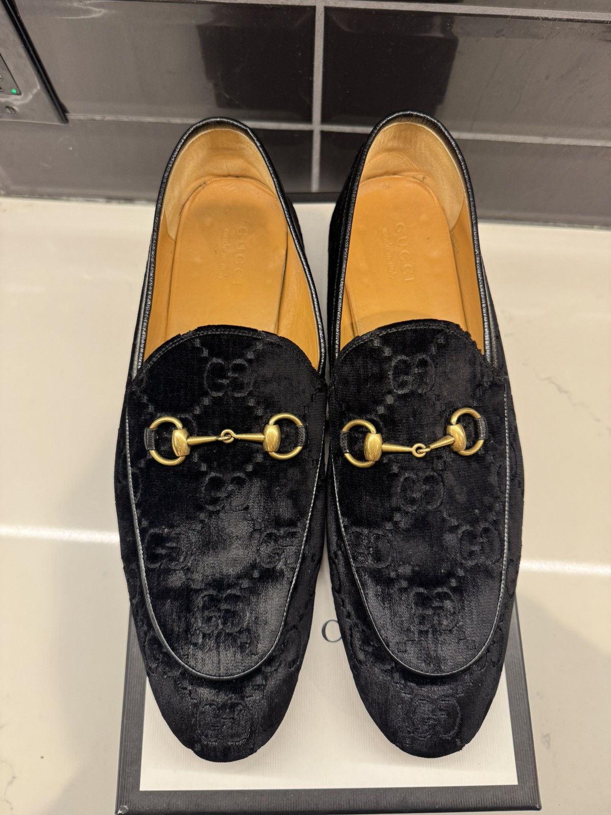 Gucci Gucci JordaanGG Velvet Loafers Black Monogram Gold Horsebit Size US 13 / EU 46 - 10 Thumbnail
