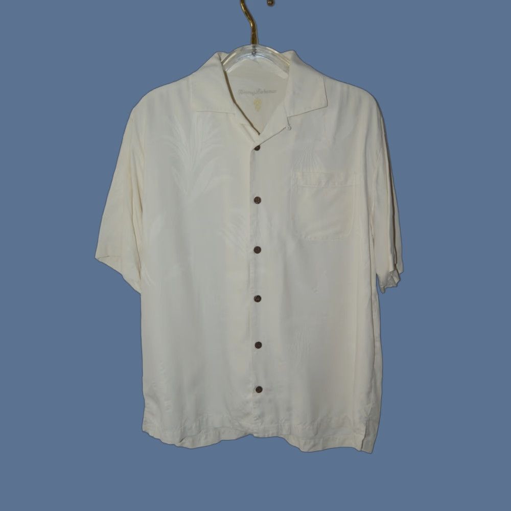 Tommy Bahama TOMMY BAHAMA Camp Shirt L Men Thank You Veterans 100% Silk Ivory Short Sleeve Button-Up Collared Beach Hawaiian Tropical Casual Shirt Mens Size US L / EU 52-54 / 3 - 1 Thumbnail