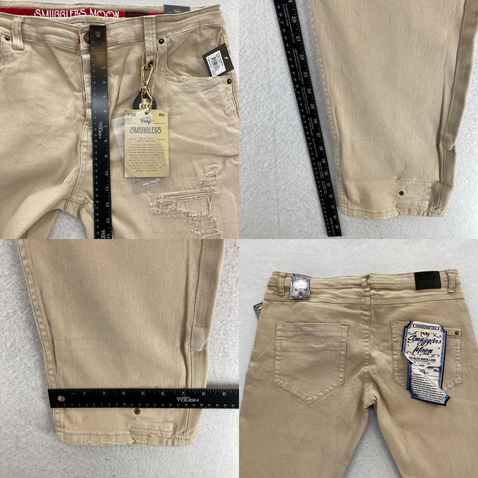 Denime Smugglers Moon Jeans Mens 42x33 Khaki Beige Denim Button Fly Roll Up Distressed Jeans Distressed Casual Slim 5-Pocket Denim Skull Logo Men Size US 42 / EU 58 - 9 Thumbnail