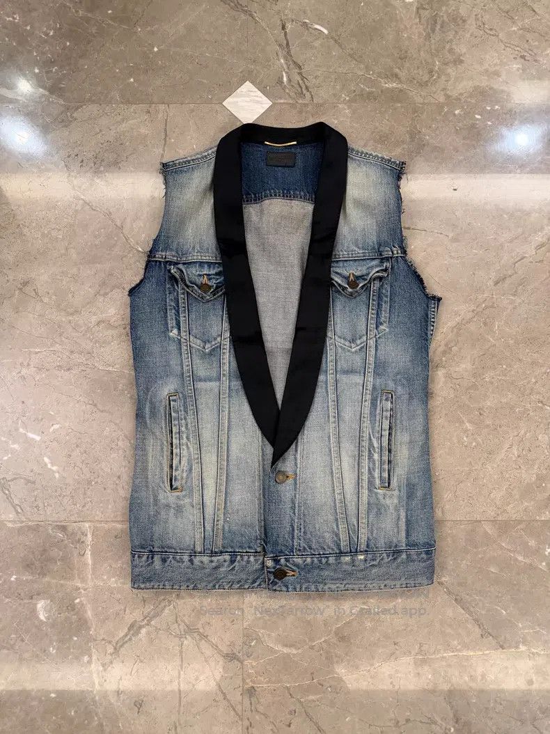 Saint Laurent Paris Saint Laurent Paris Silk Lapel Denim Vest Jacket Size US XS / EU 42 / 0 - 1 Thumbnail