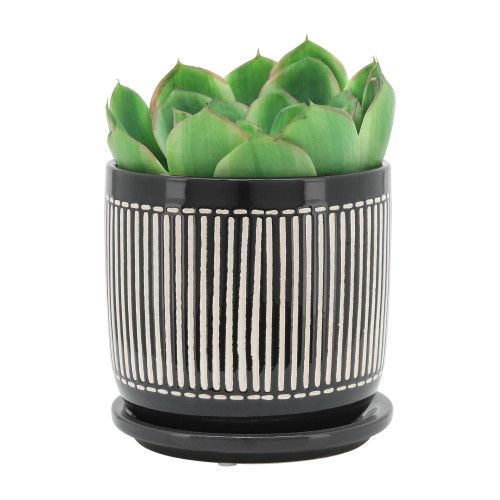 Designer × Homemade S/2 5/6" VERTICAL LINES PLANTER W/ SAUCER, BLACK Size US L / EU 52-54 / 3 - 7 Thumbnail
