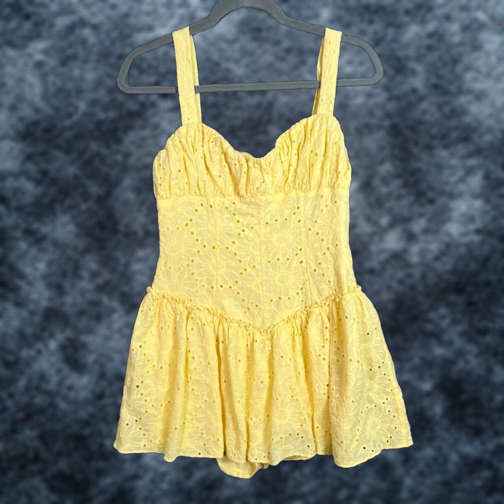 Vintage Lovers And Friends Dress Large Yellow Eyelet Mini Dress Sweetheart Neckline Womens Size L / US 10 / IT 46 - 1 Thumbnail
