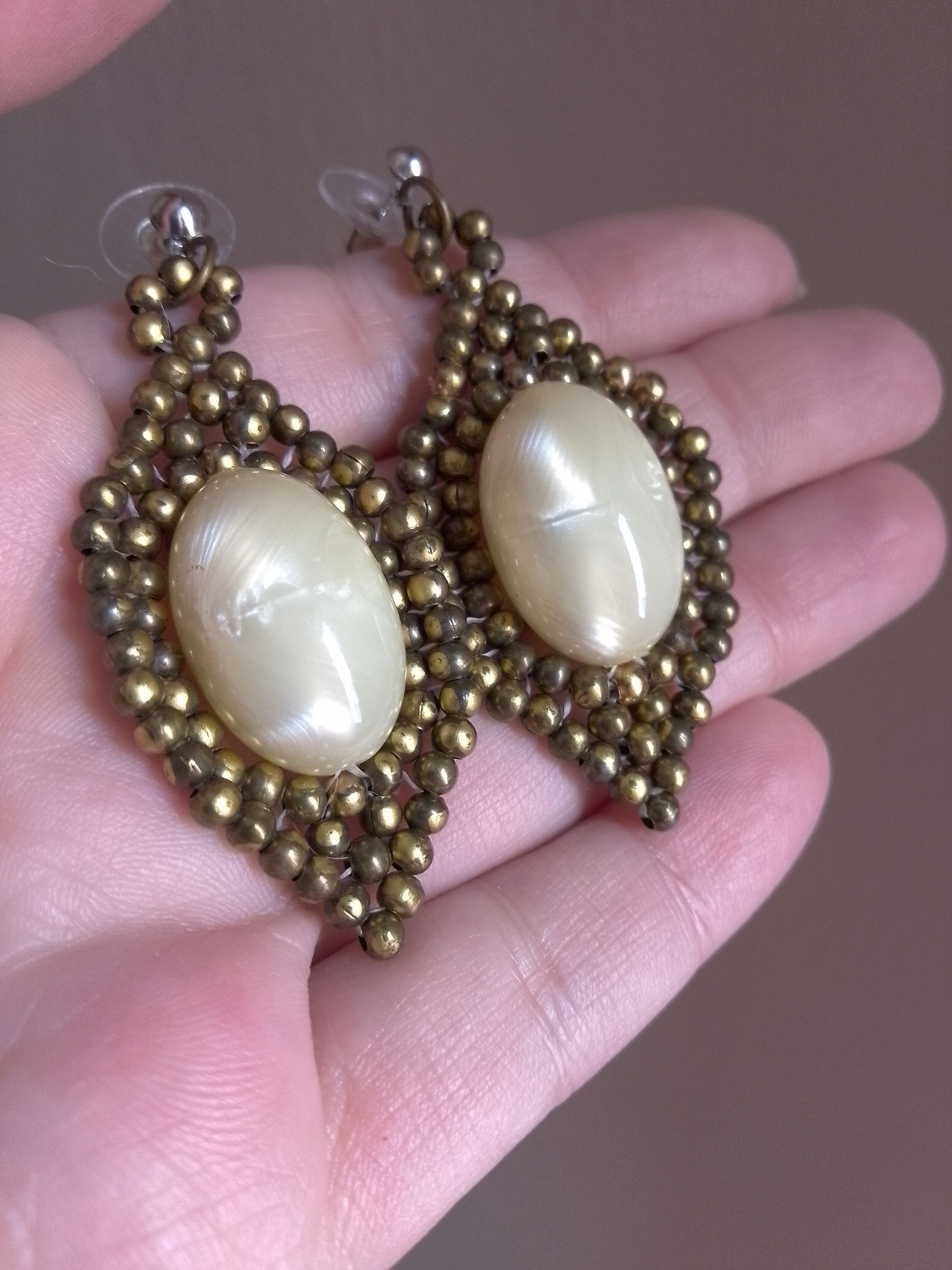 Handmade Earrings Vintage Elegant Antique Pearl and Brass Embroidered Size ONE SIZE - 2 Thumbnail