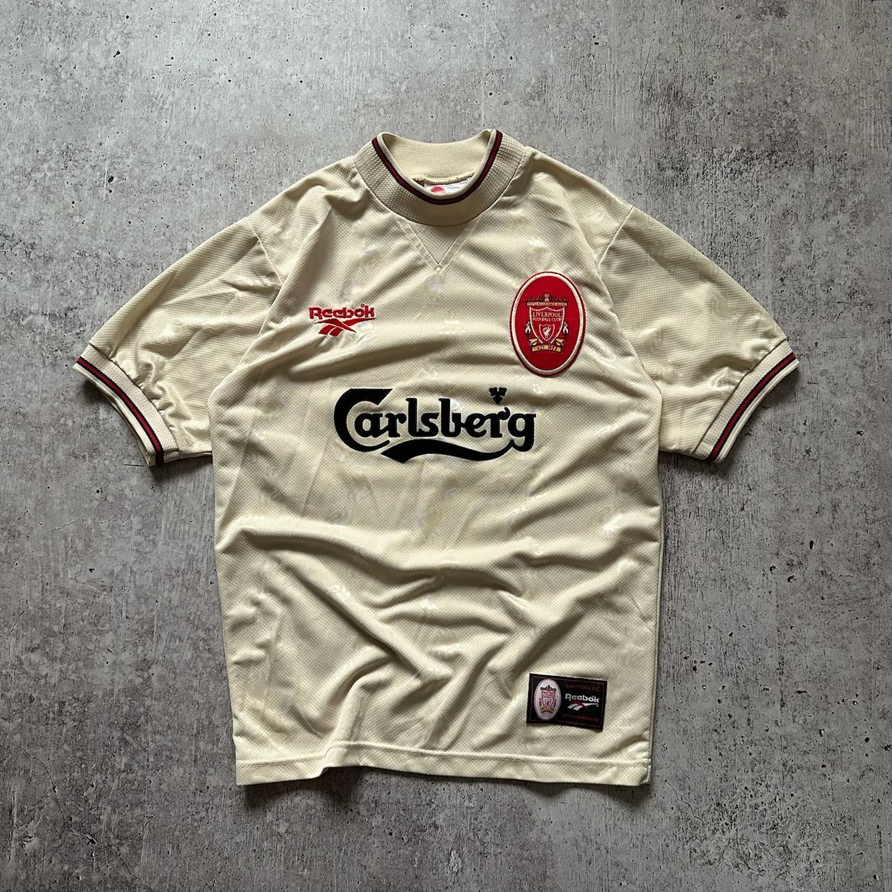 Image of Vintage Liverpool Fc 96-97 Reebok Carlsberg Soccer Jersey in Beige, Men's (Size Small)