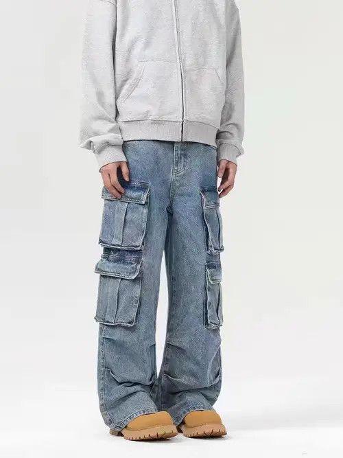 VIBE Vintage Street Multi-Pocket Washed Loose Work Jeans Size US 34 / EU 50 - 4 Thumbnail