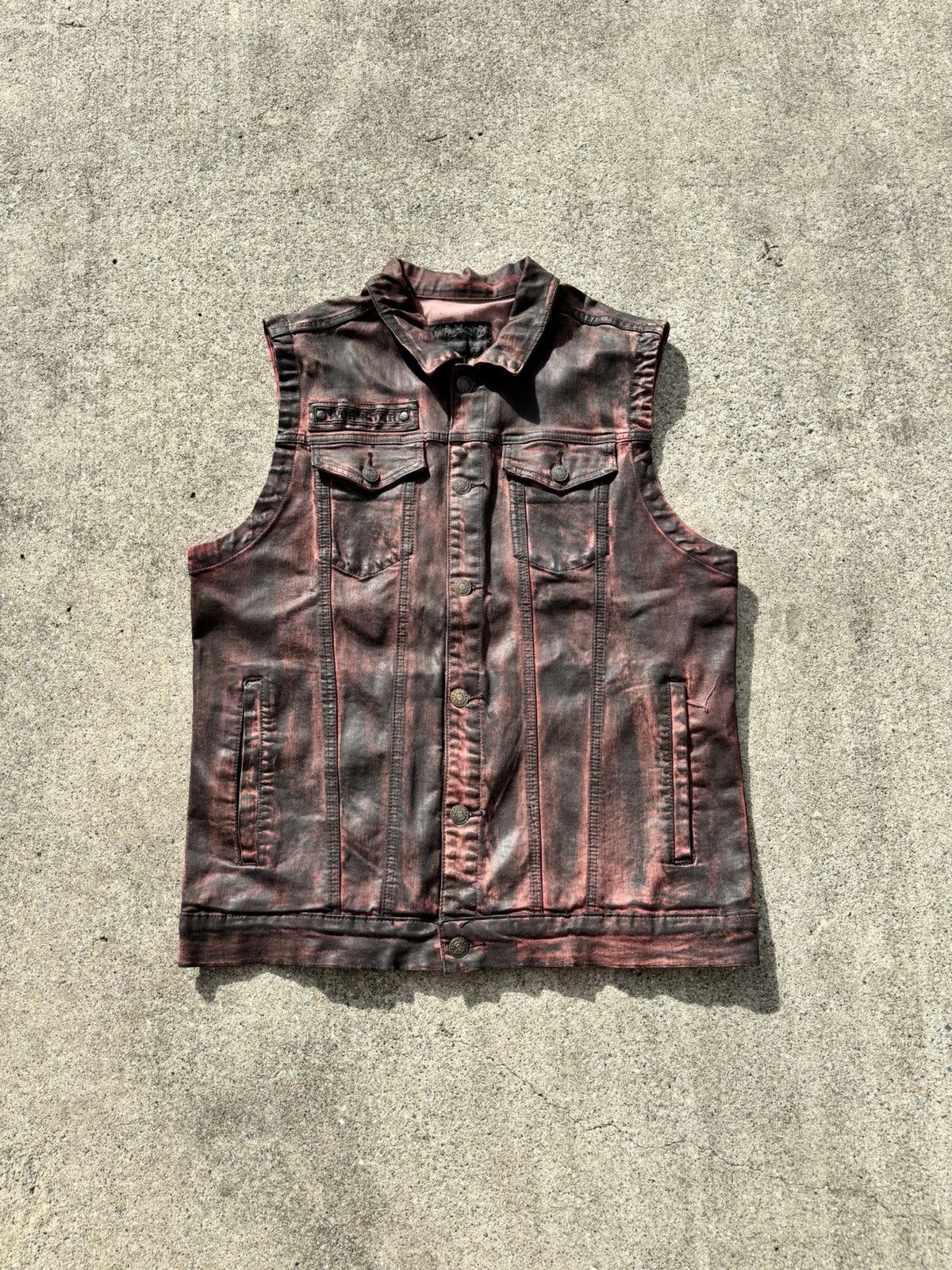 Vintage Wornstar Idolmaker CC Washed Acid Maroon Leather Biker Vest Size US L / EU 52-54 / 3 - 1 Thumbnail