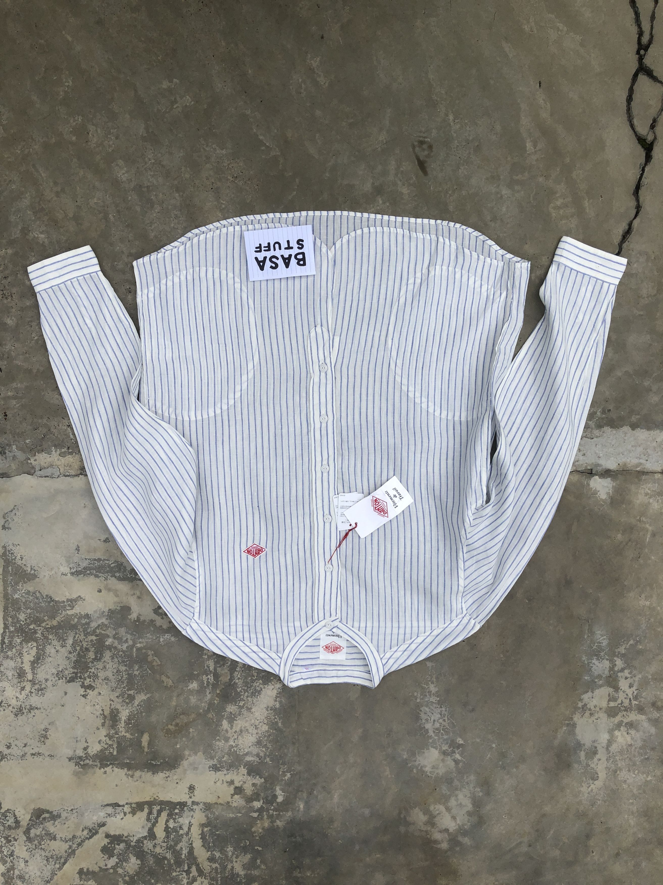 image of Danton Linen Collar Shirt Sax Stripe in White/Sax, Men's (Size Medium)