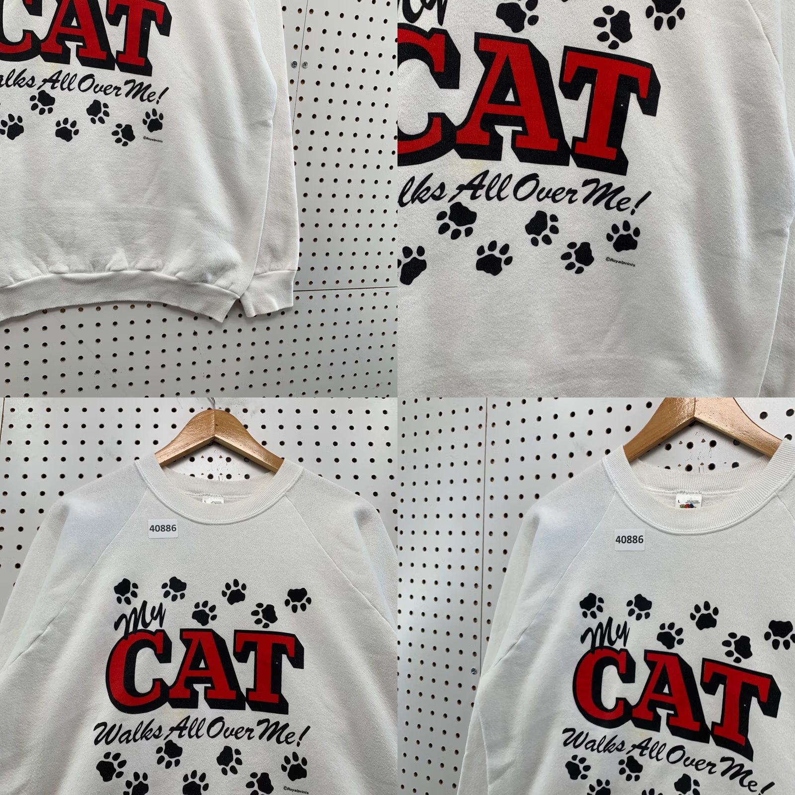 Fruit Of The Loom VINTAGE Nike Sweatshirt Mens L White 90s Cat Funny Paw Print (Walks Over Me) Size US L / EU 52-54 / 3 - 8 Thumbnail