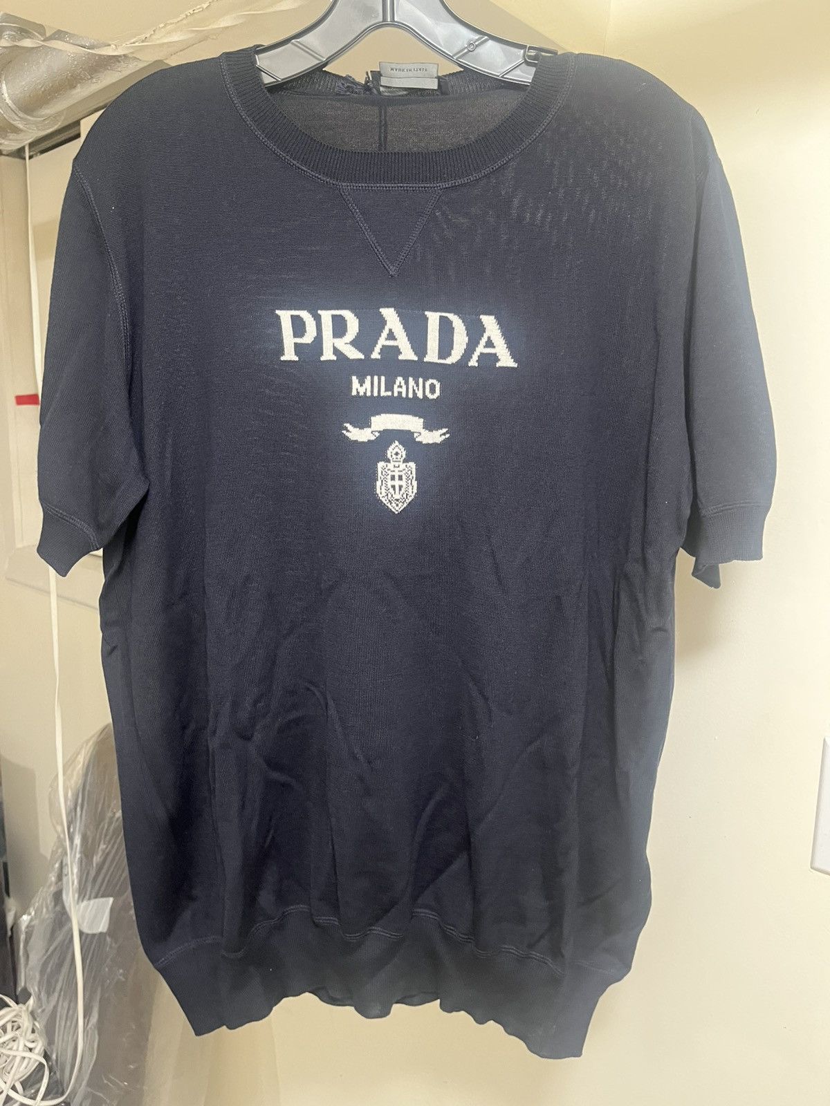 Prada Logo Short Sleeve Cashmere Wool Sweater Sz 50