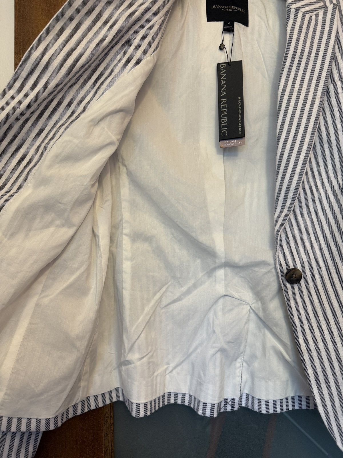 Banana Republic Banana Republic Navy White Pinstripe Linen Cotton Blazer Size S / US 4 / IT 40 - 4 Thumbnail