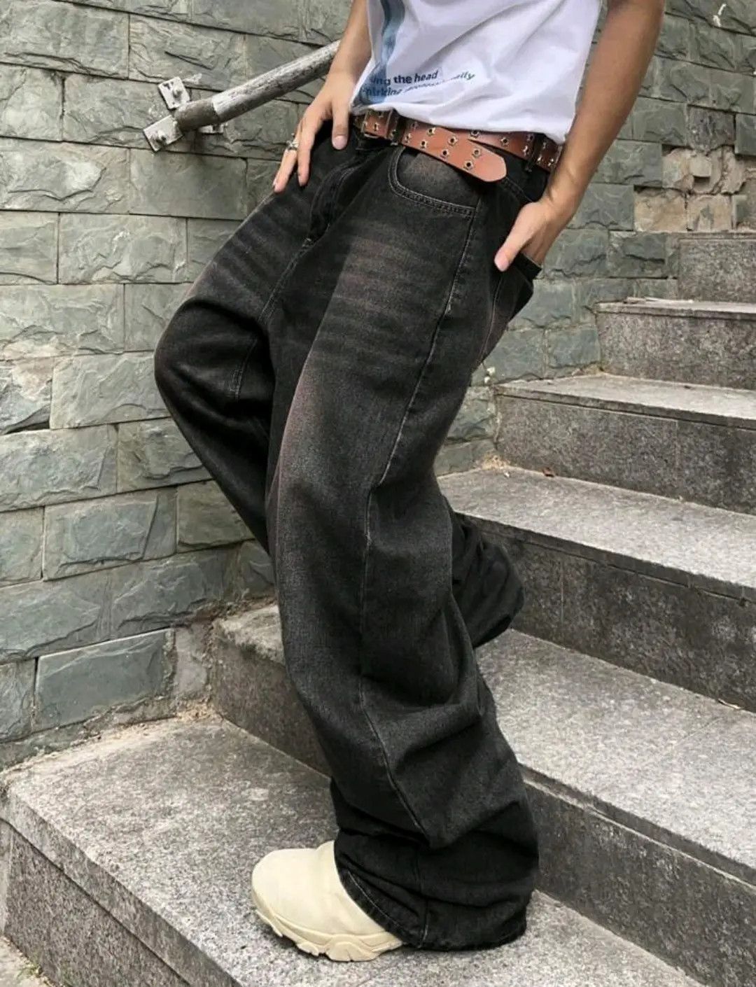 Japanese Brand × Leather Men Hip Hop Baggy Jeans Size US 29 - 5 Thumbnail