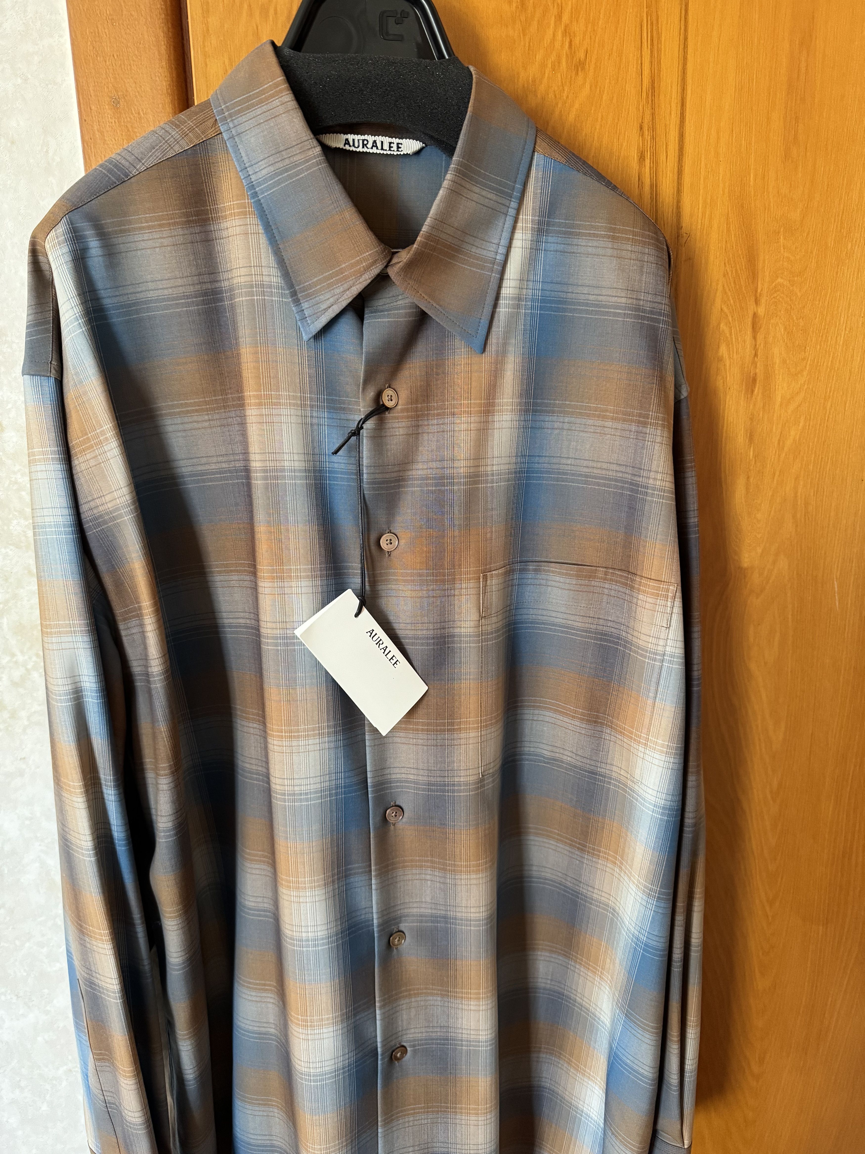 トップス SUPER LIGHT WOOL CHECK SHIRT A23SS01LC Auralee Super Light Wool Check Shirts - Brown / Black Check