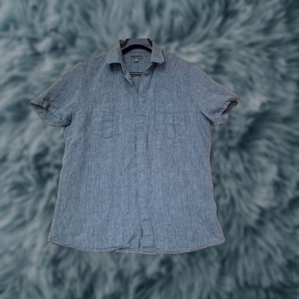 Vintage Calibrate Linen Short Sleeve Button-Up Shirt Blue L Mens Regular Size Large Button-Down Collar Chambray Solid 100% Linen Size US 33 - 1 Thumbnail