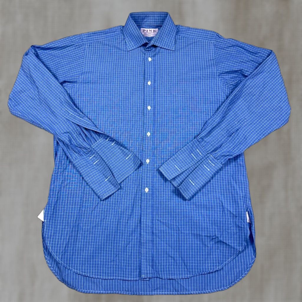 Vintage Thomas Pink Shirt Men 15.5 35 Blue Button-Up Dress French Cuff Poplin Grid Check Size 42R - 1 Thumbnail