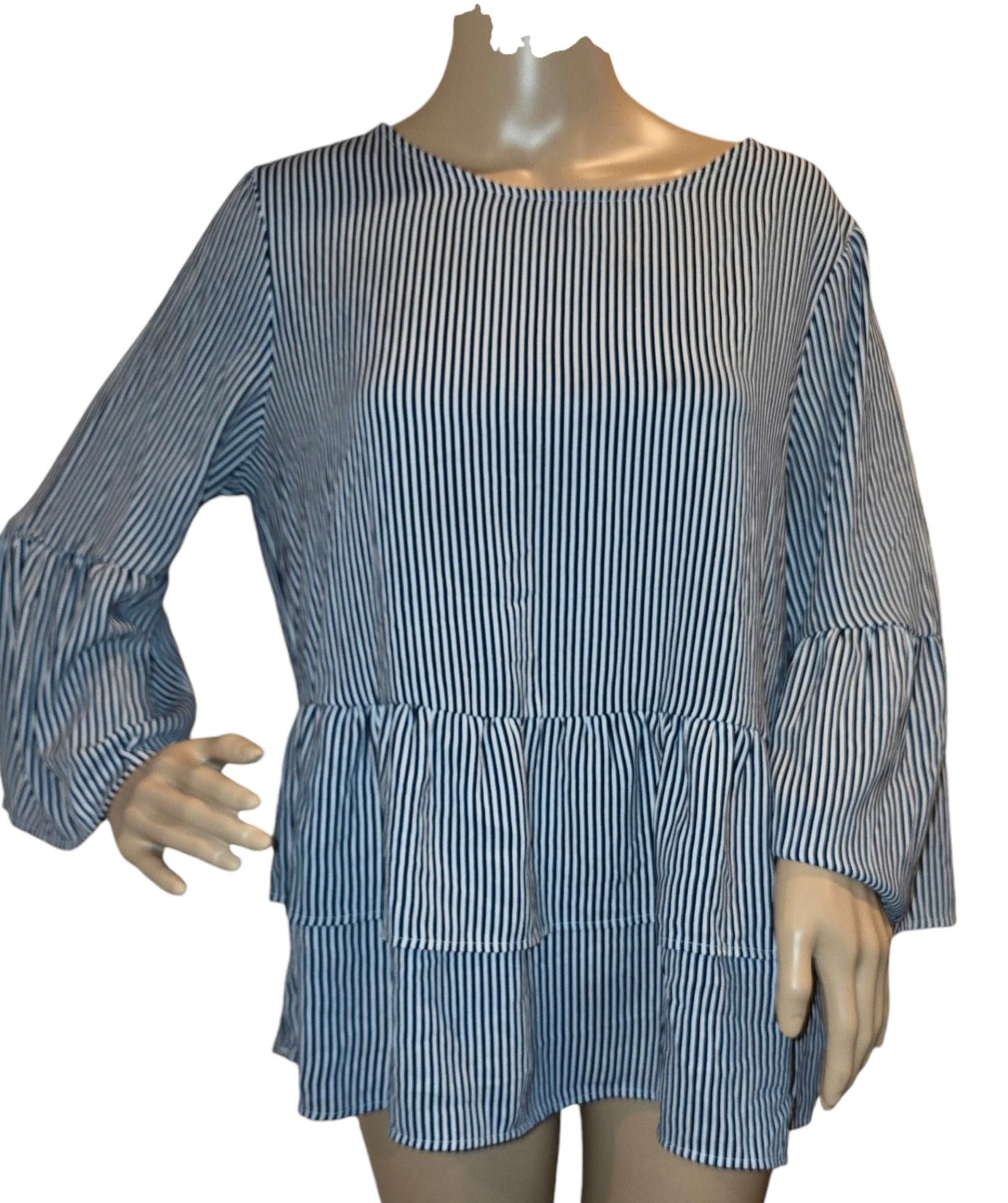 Designer Time And Tru Long Ruffle Sleeve Blue & White Striped Size M / US 6-8 / IT 42-44 - 1 Thumbnail