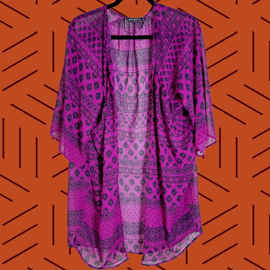 Express Express Kimono Cardigan Purple Geometric 3/4 Sleeve Size M Sheer Size M / US 6-8 / IT 42-44 - 1 Thumbnail