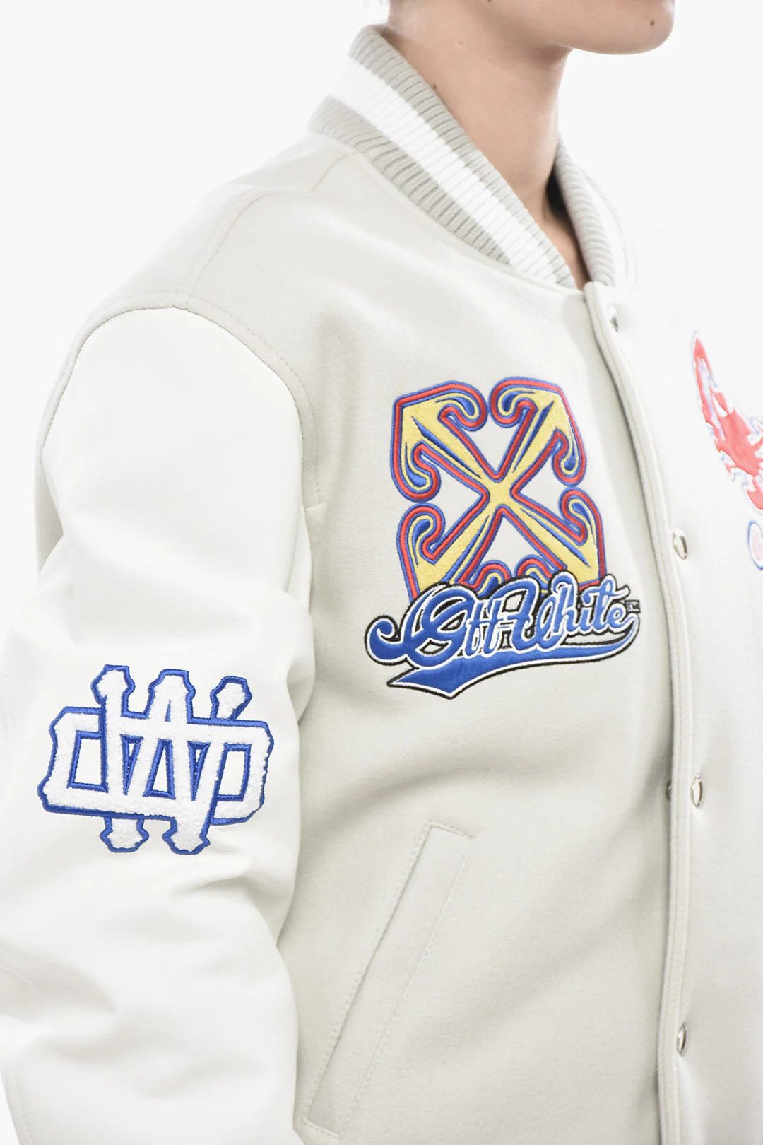 Off-White og1mm0426 Leather Sleeves & Patches Wool Bomber Jacket Grey Size M / US 6-8 / IT 42-44 - 3 Thumbnail