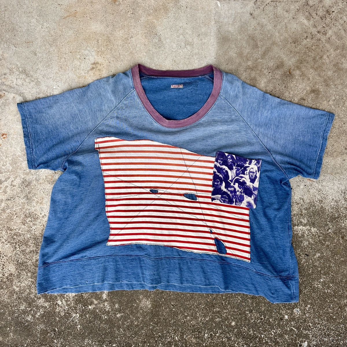 image of Kapital x Kapital Kountry Woodstock Boro Oversize Cropped Tee Shirt American Flag in Blue/Red (Size