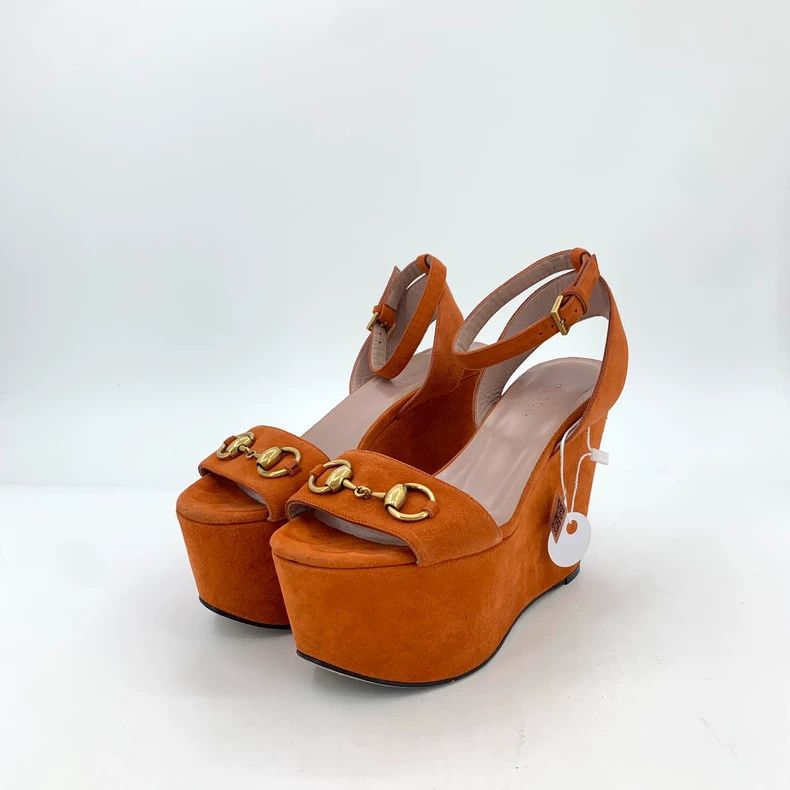 Chanel Orange Horse Buckle Thick-Soled Sandals, High Heel Shoes, Women's (Size 5.5)