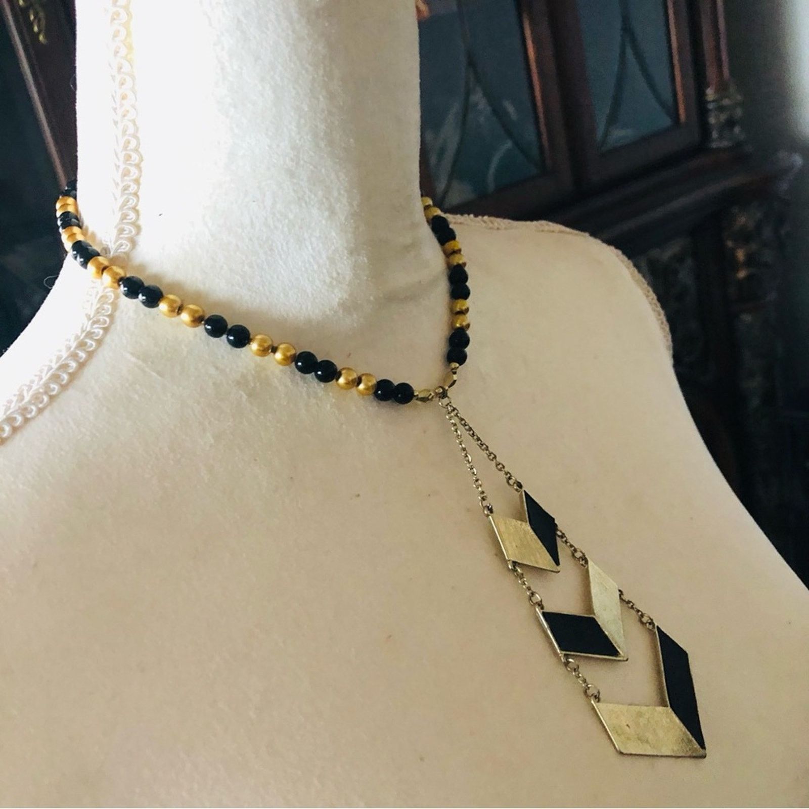 Handmade Handcrafted repurpose black and gold tie Pearl necklace Size ONE SIZE - 3 Thumbnail