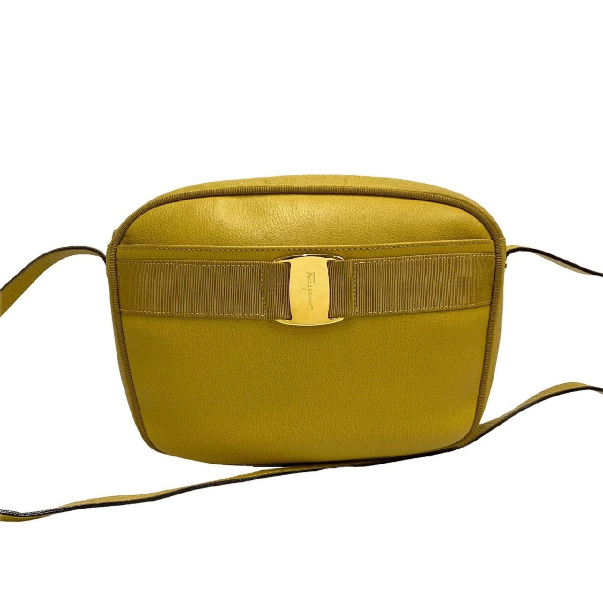 image of Salvatore Ferragamo Vara Ribbon Leather Genuine Shoulder Bag Pochette Yellow, Women's