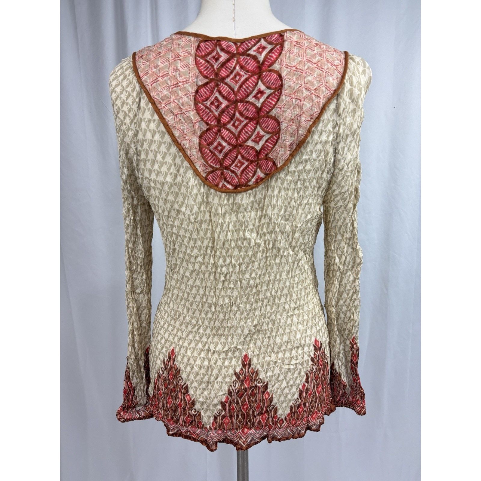 Lucky Brand Lucky Brand Womens Tan Red Boho Long Sleeve Sheer Blouse L Size L / US 10 / IT 46 - 2 Thumbnail