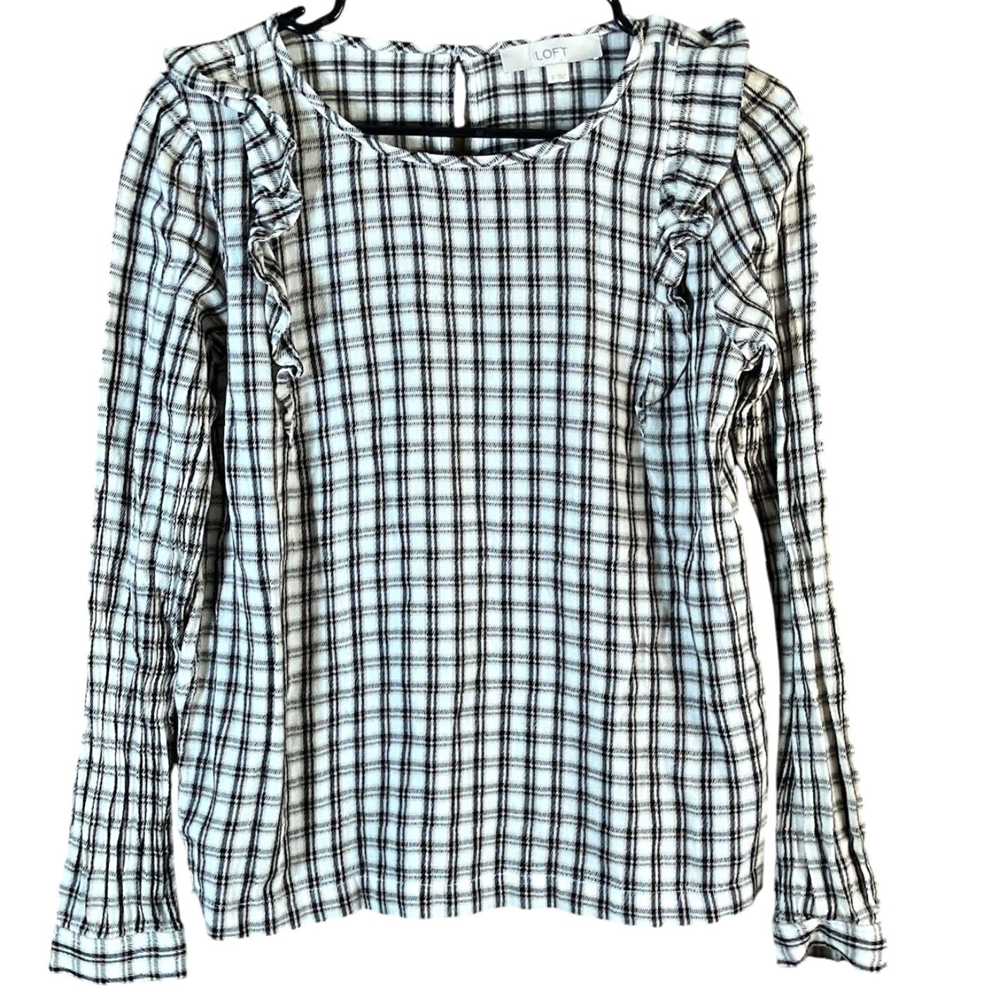 Loft LOFT Womens Blouse White Multicolor Plaid Ruffle Long Sleeve 100% Cotton Small Size S / US 4 / IT 40 - 2 Thumbnail