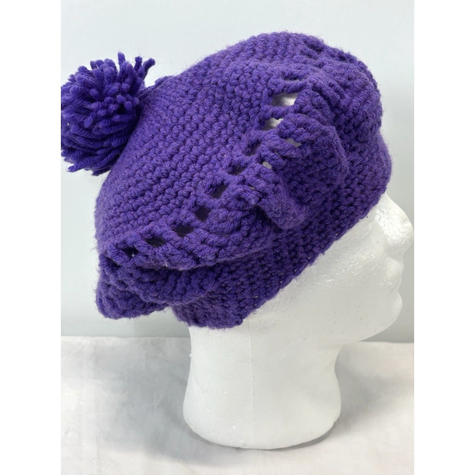 Vintage VINTAGE Hand Knit Beret Hat Adult Purple 1970s Boho Hippie Floppy Pom Pom Artsy Size ONE SIZE - 4 Thumbnail