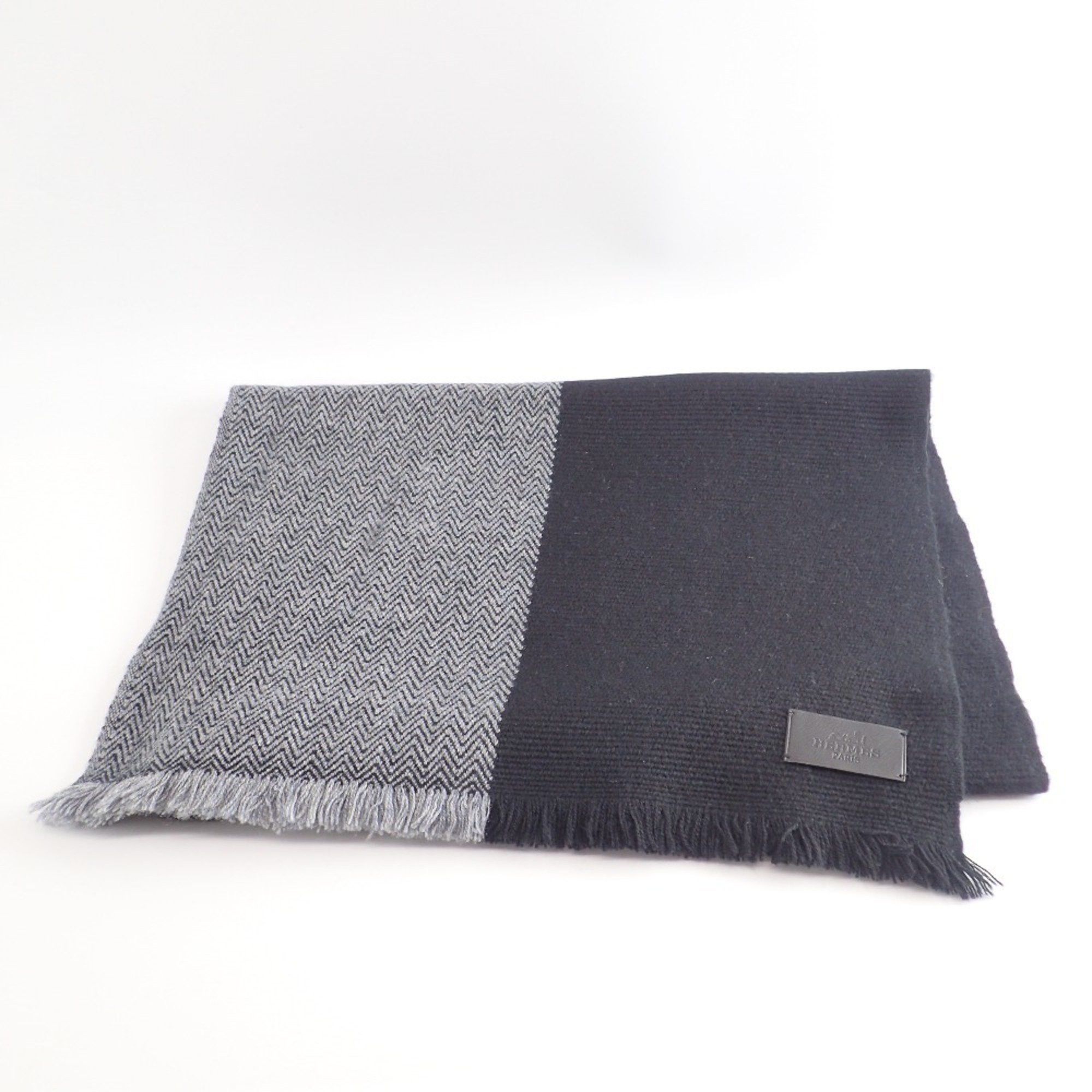 image of Hermes Herringbone Bicolor 100% Cashmere Scarf Black Grey, Women's