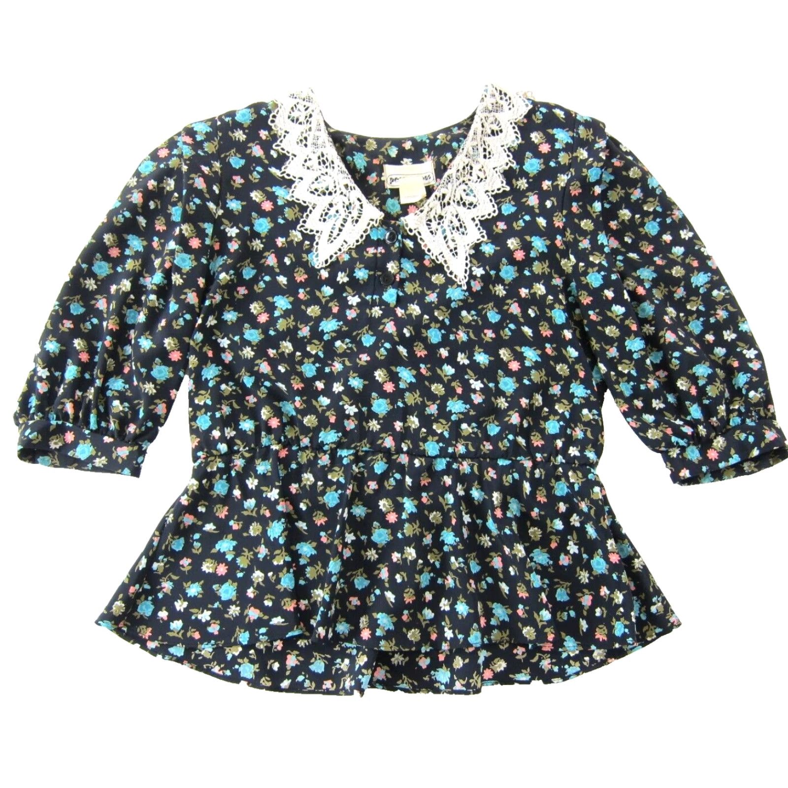 Pinko VINTAGE Perceptions Blouse (Medium) Black Floral Lace Collared Peasant 3/4 Sleeve Polyester Women’s Shirt Size M / US 6-8 / IT 42-44 - 2 Thumbnail