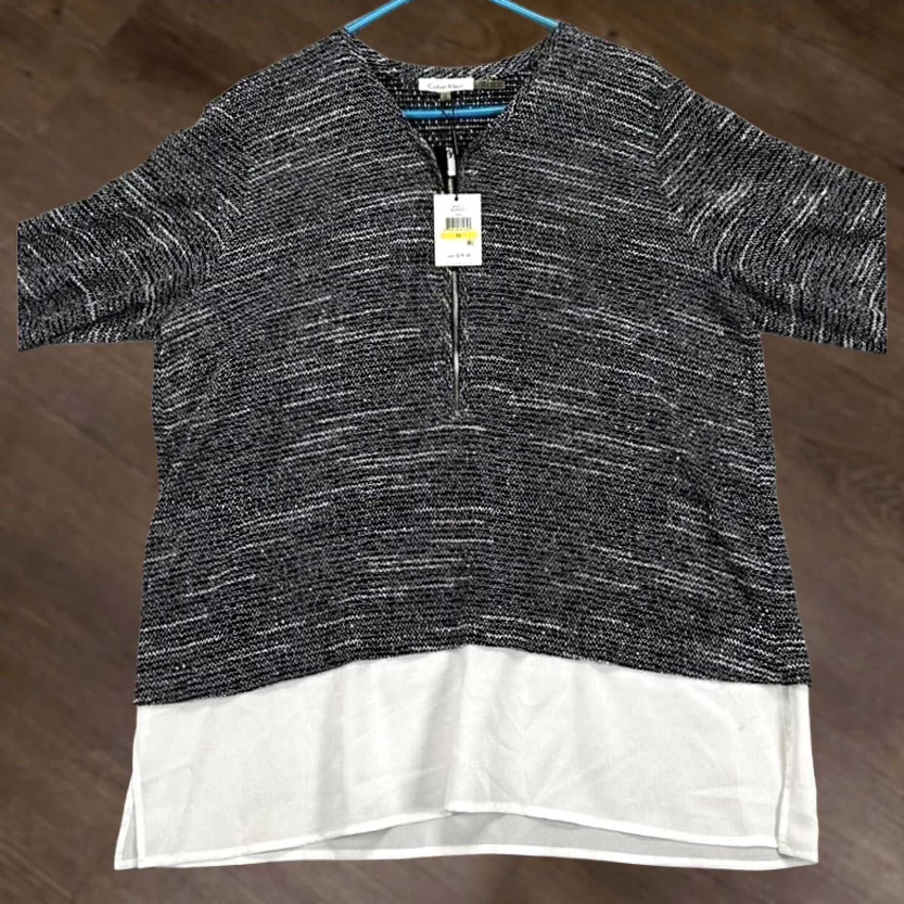 Calvin Klein Calvin Klein Sweater Womens Medium Black White Faux Under Half Zip Knit Pullover V-Neck Raglan Sleeve Zipper 1/4 Zip New Size M / US 6-8 / IT 42-44 - 1 Thumbnail