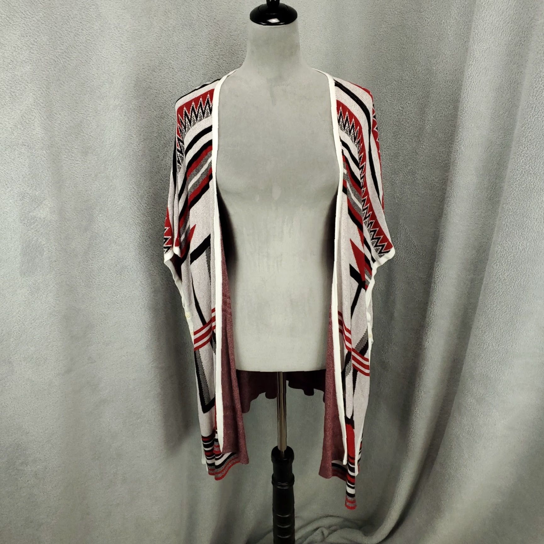 Vintage VINTAGE Southwest Cardigan One Size Red White Black Geometric Southwestern Open Front Size ONE SIZE - 2 Thumbnail