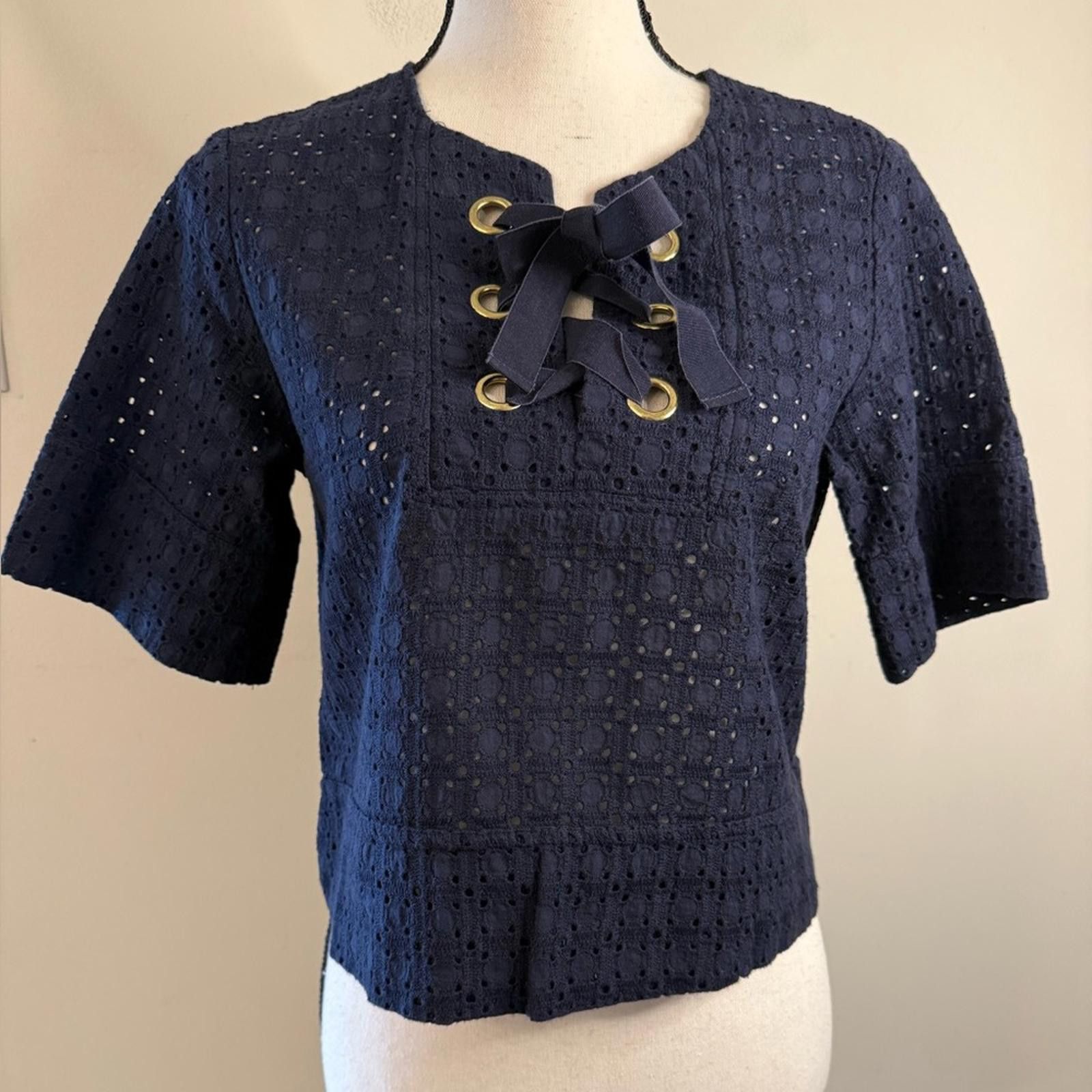 Zara Zara navy blue islet lace crop top lace up SZ SM Size S / US 4 / IT 40 - 5 Thumbnail