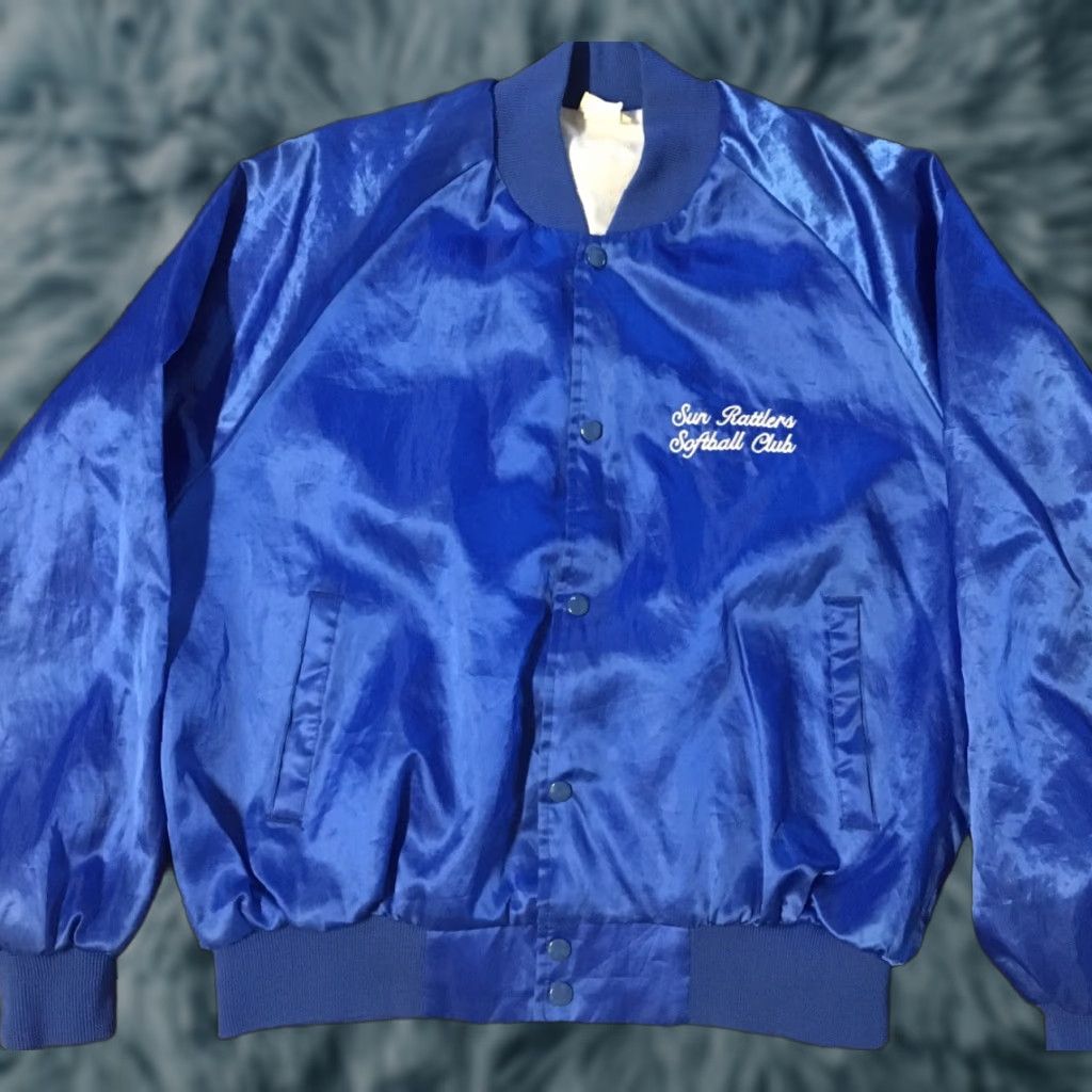 Vintage VINTAGE Auburn Sportswear Satin Bomber Jacket XL Blue USA Striped 80s 90s Softball Coach Baseball Track Mens Size US XL / EU 56 / 4 - 1 Thumbnail