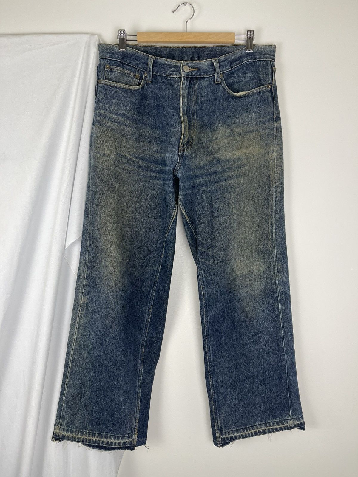Vintage Wide Japanese clawmark dirty wash faded denim released hem Size US 34 / EU 50 - 1 Thumbnail