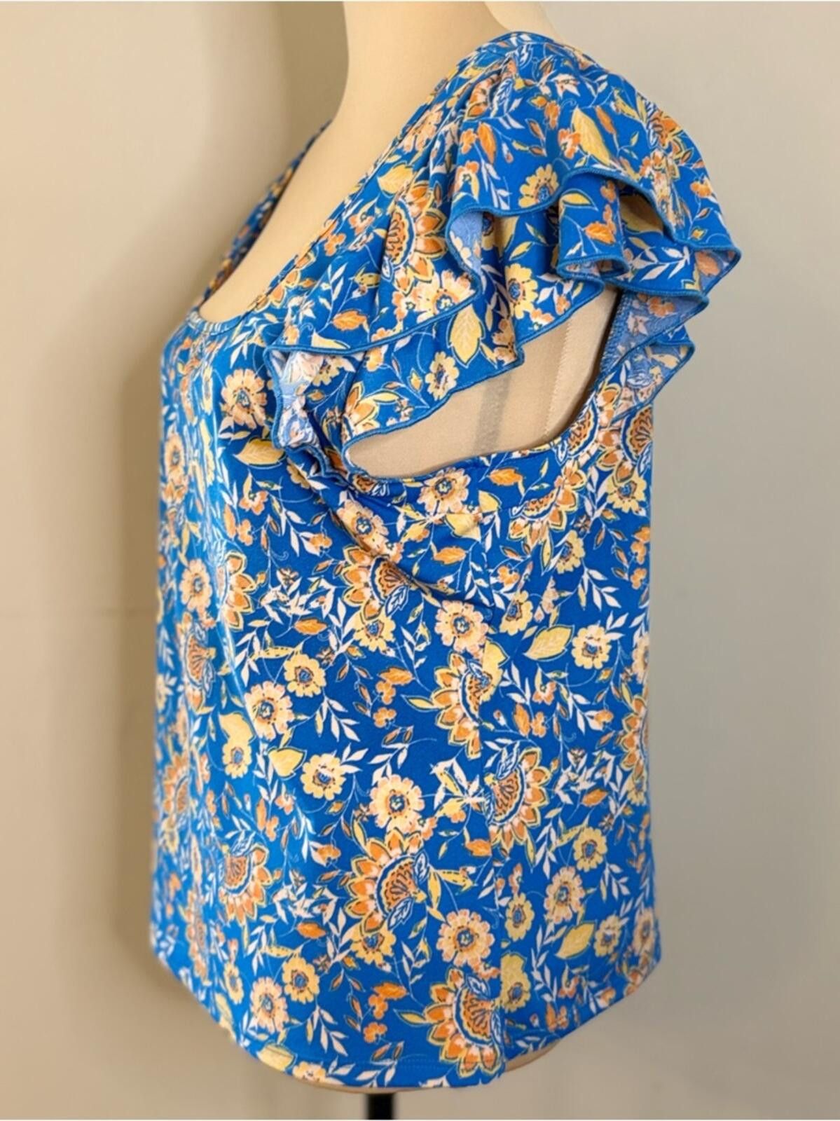 L'Eclaireur Eclair blue & yellow floral top short ruffled sleeves SZ LG Size L / US 10 / IT 46 - 3 Thumbnail