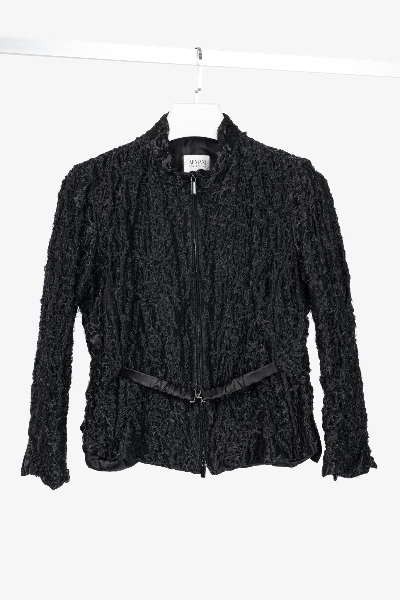 Armani Collezioni Armani Collezioni Black Puckered-Organza Belted Zip Jacket Size XL / US 12-14 / IT 48-50 - 1 Thumbnail