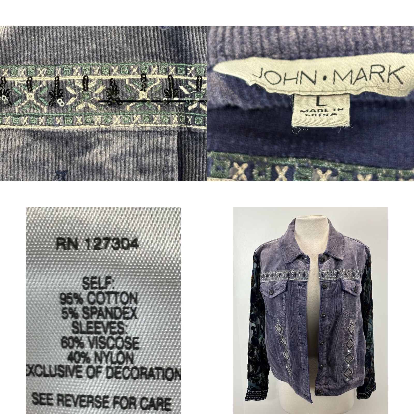 Vintage John Mark Corduroy Trucker Jacket Women’s L Beaded Sheer Floral Sleeves Boho Size L / US 10 / IT 46 - 8 Thumbnail