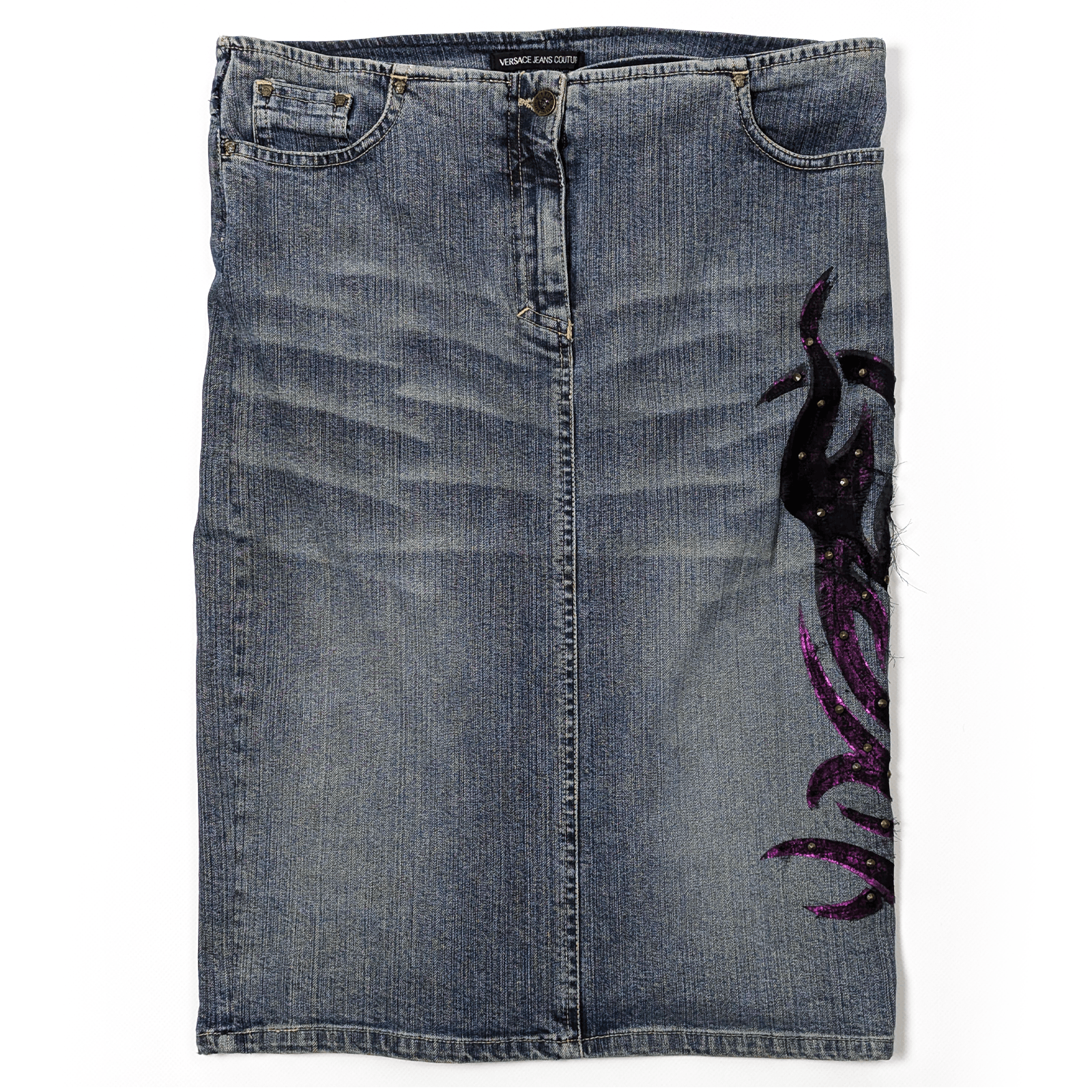 Versace Jeans Couture Versace Y2K Rhinestone Tribal Vintage 00s Denim Skirt 28/S-M Size 28" / US 6 / IT 42 - 1 Thumbnail