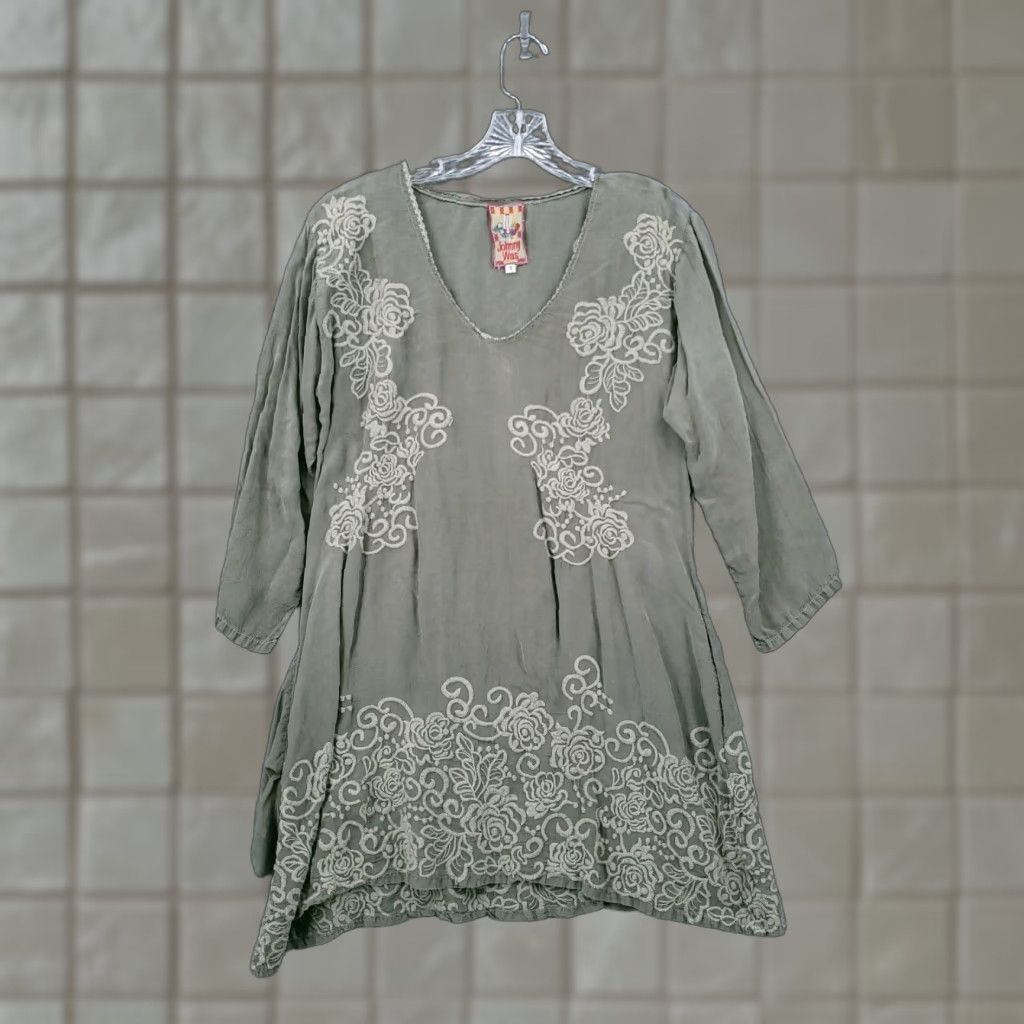 VINTAGE Johnny Was Dress Womens S Small Green Mini A-Line Bohemian