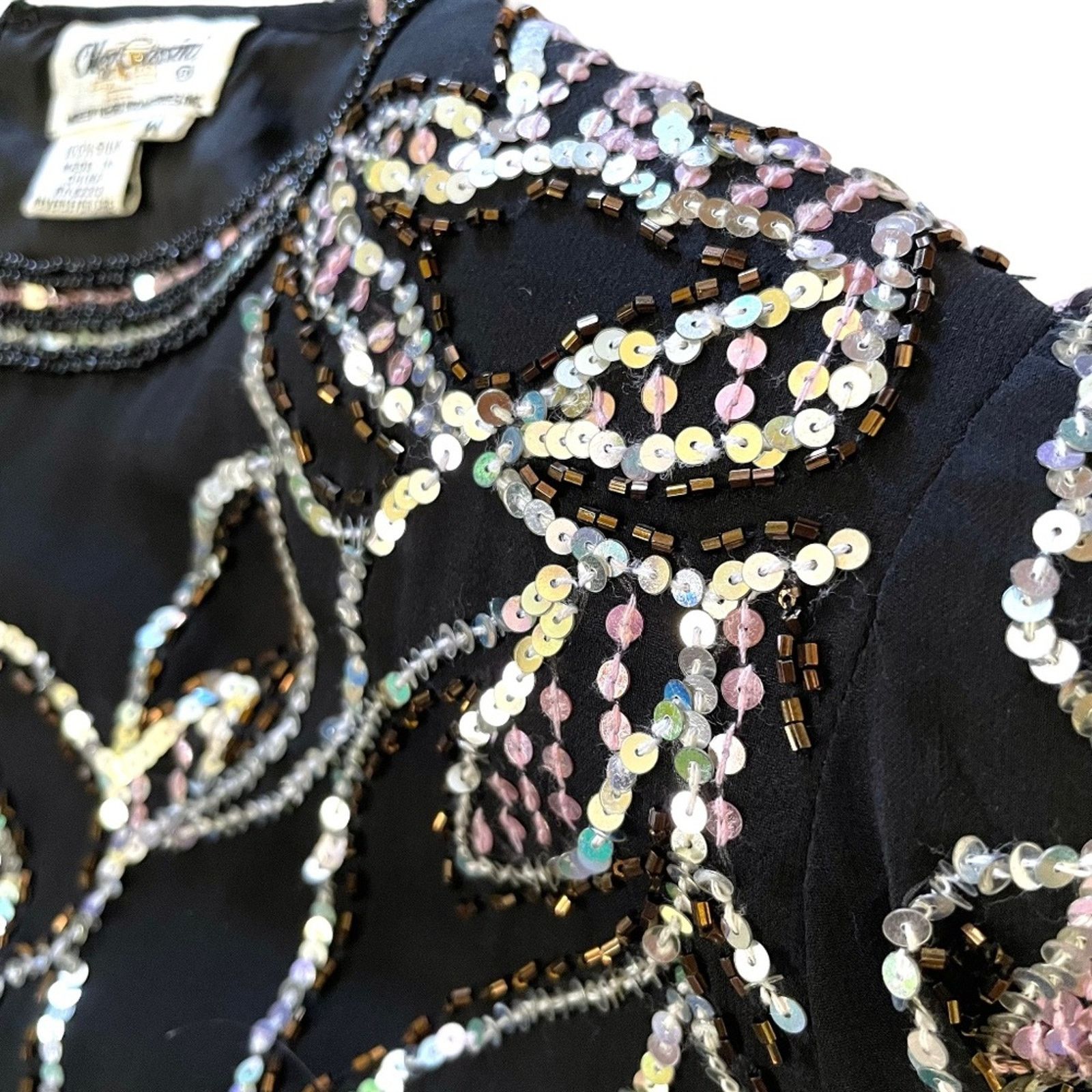 Oleg Cassini × Vintage Authentic Oleg Cassini Vintage Beaded Black Silk Floral Top Size M / US 6-8 / IT 42-44 - 5 Thumbnail